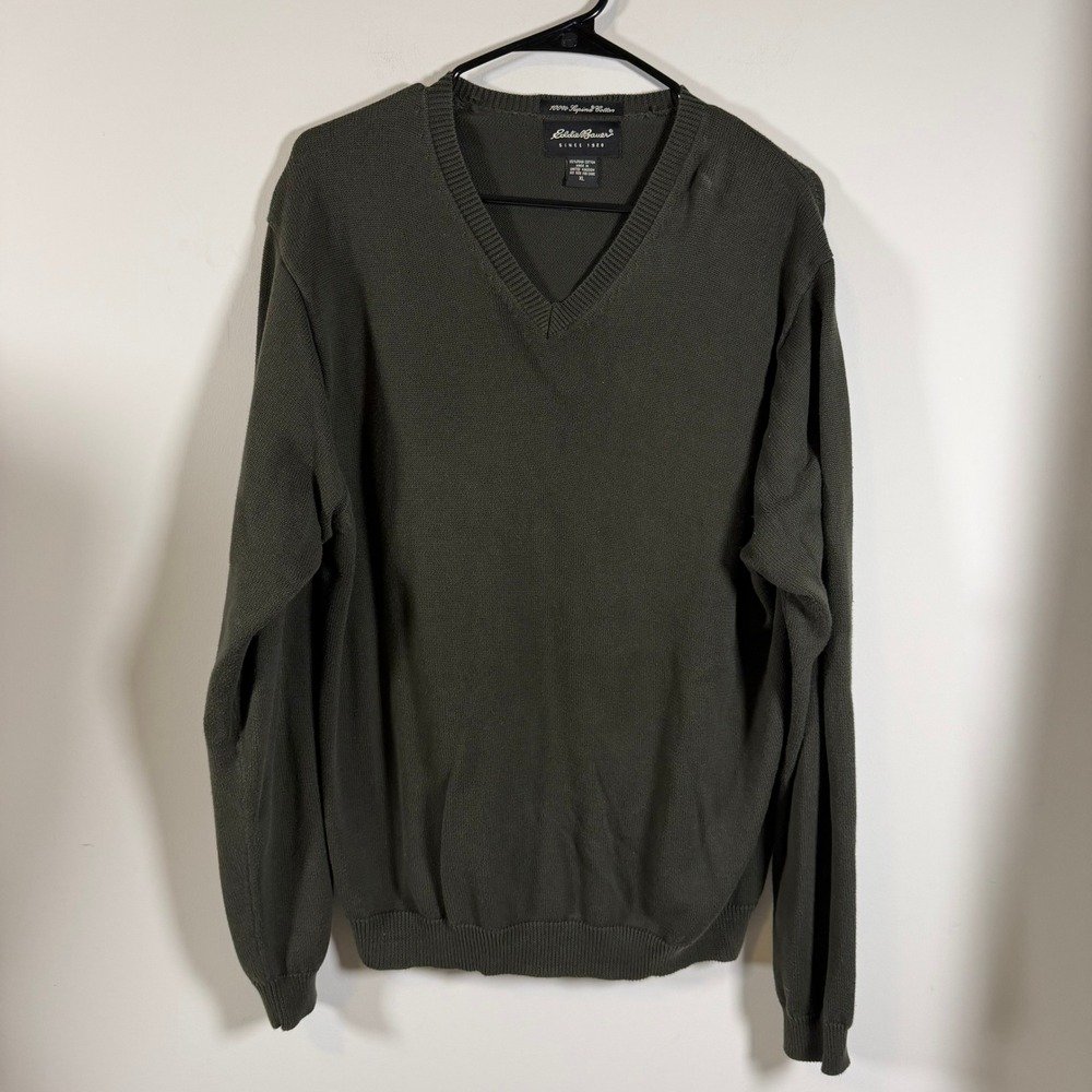 Eddie Bauer Mens XL V-Neck Sweater Olive Green 100% Supima Pima Cotton Classic